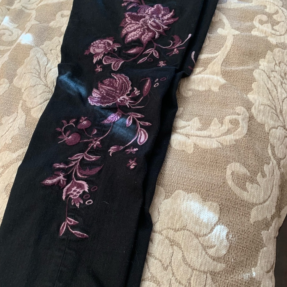 Petite embellished jeans 10P, Chico’s size 1.5. Black jeans with purple